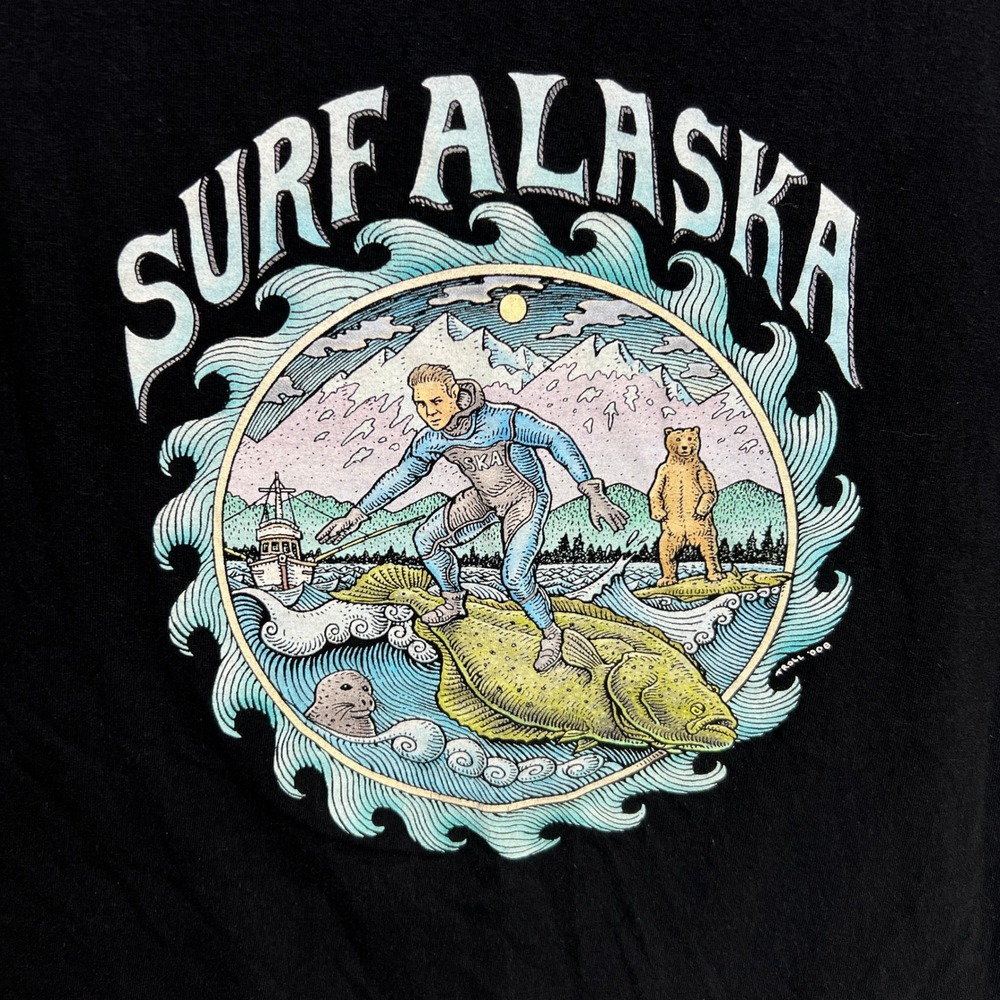 Gildan Surf Alaska Ray Troll Halibut Graphic T-Shirt Large Coastal Fisherman Tee